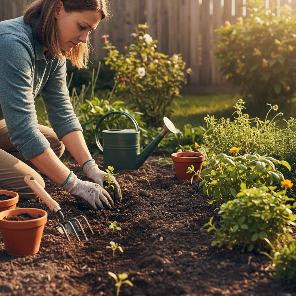 Gardener planting young seedlings in prepared garden soil