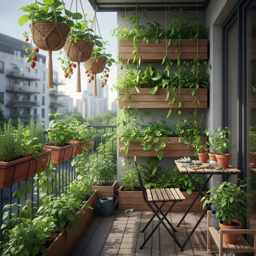 Compact balcony vegetable garden with tiered planters and hanging baskets