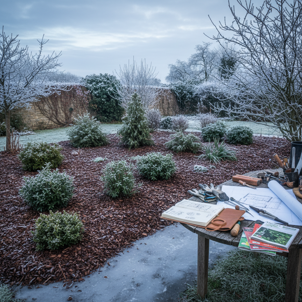 Winter garden with protective mulch and frost-covered plants