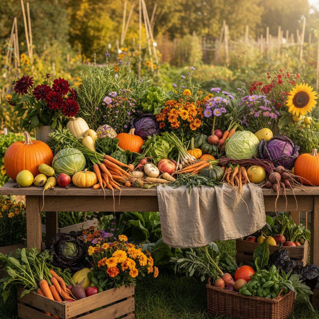 Seasonal garden harvest spread with autumn vegetables and herbs