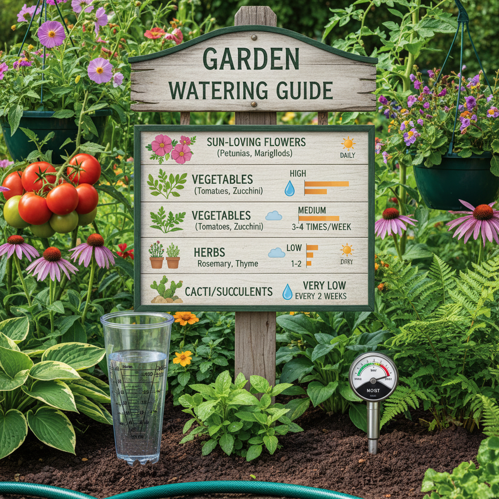 Watering schedule chart and moisture meter in garden soil