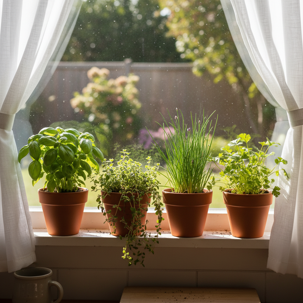 Indoor herb garden with multiple pots on a wooden shelf in kitchen