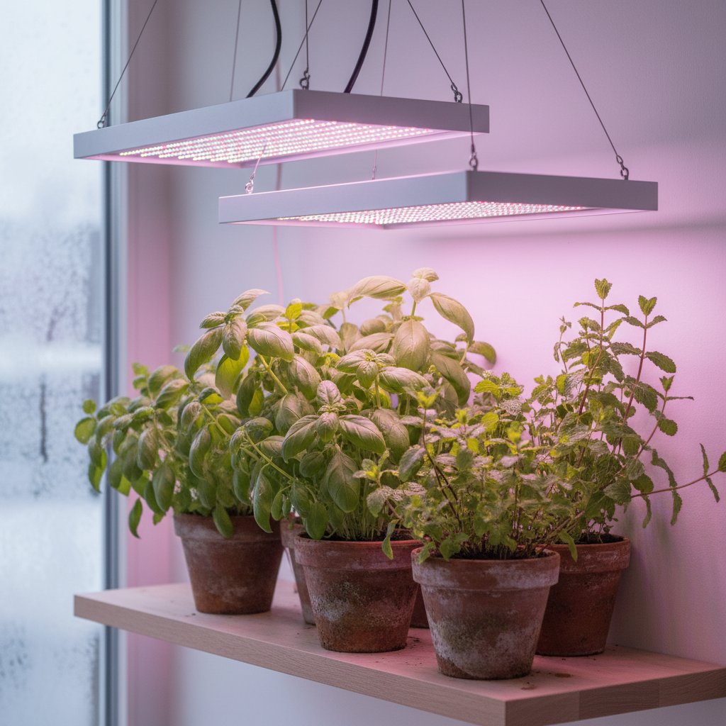 Herbs growing under indoor grow lights, basil and mint in terracotta pots