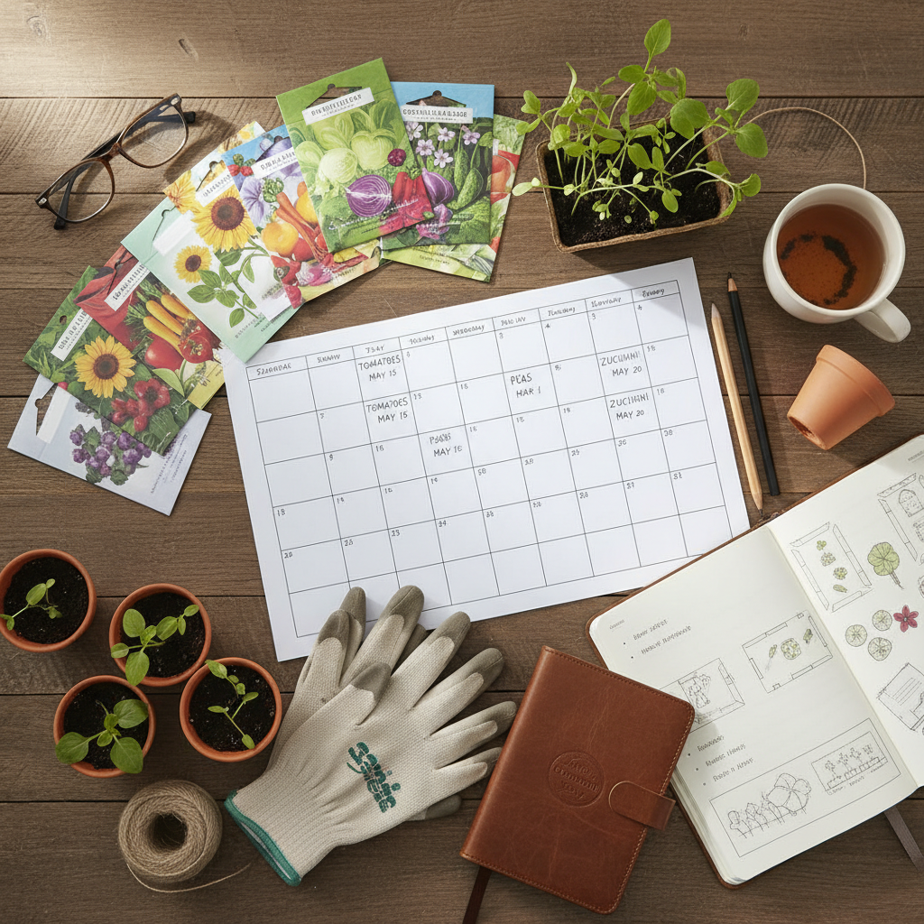 Garden planning with journal, seed packets, and seedlings