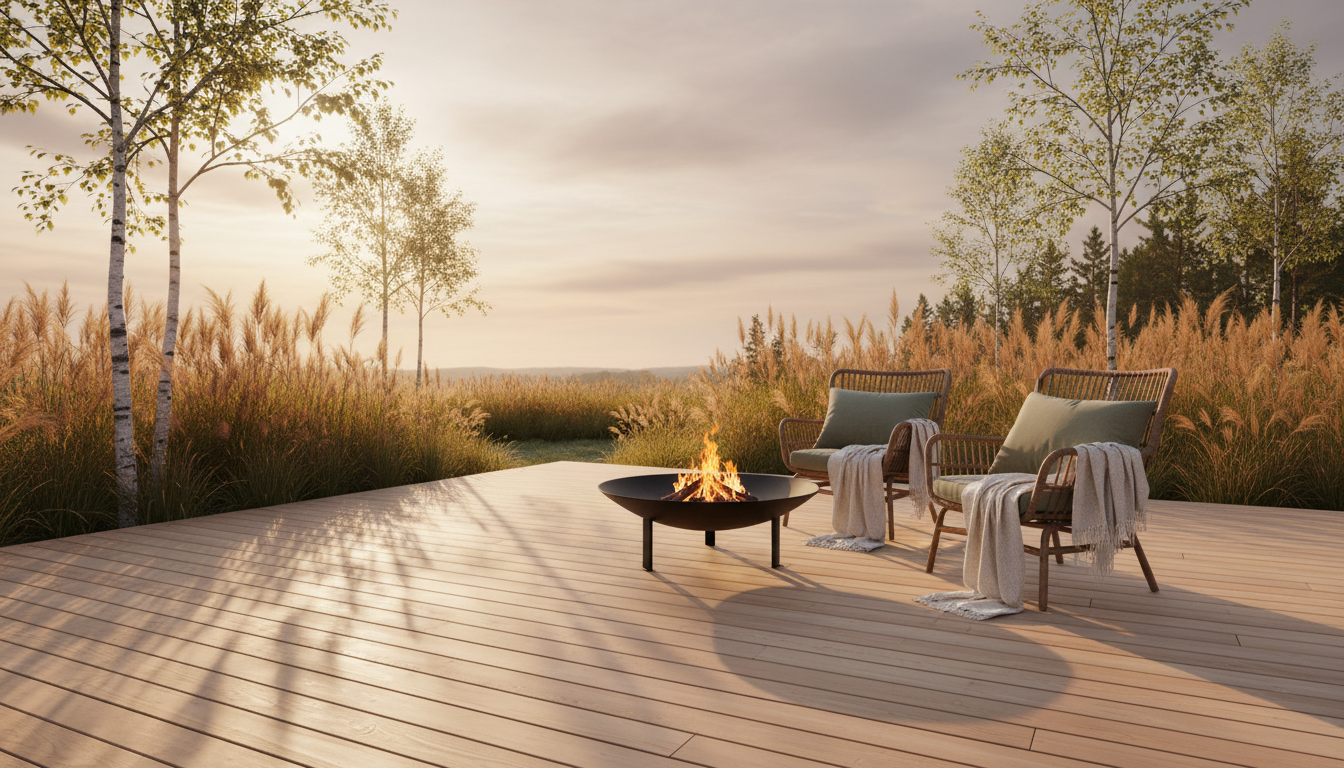 Scandinavian wooden deck with fire pit and cozy seating at dawn