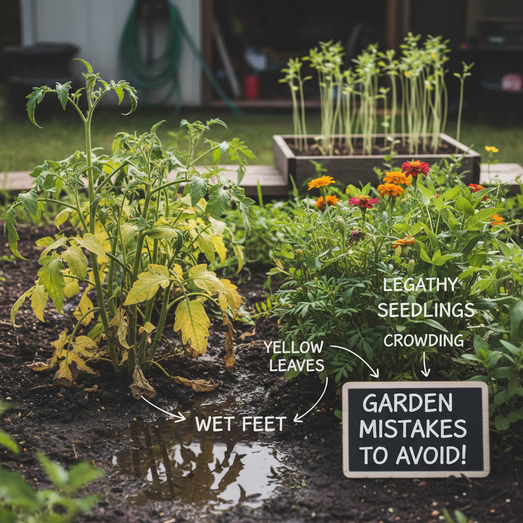 Yellowing plants and common garden problems visible in garden bed