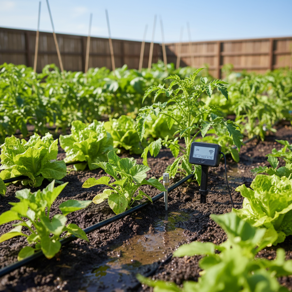 Drip irrigation system watering vegetable garden at plant base