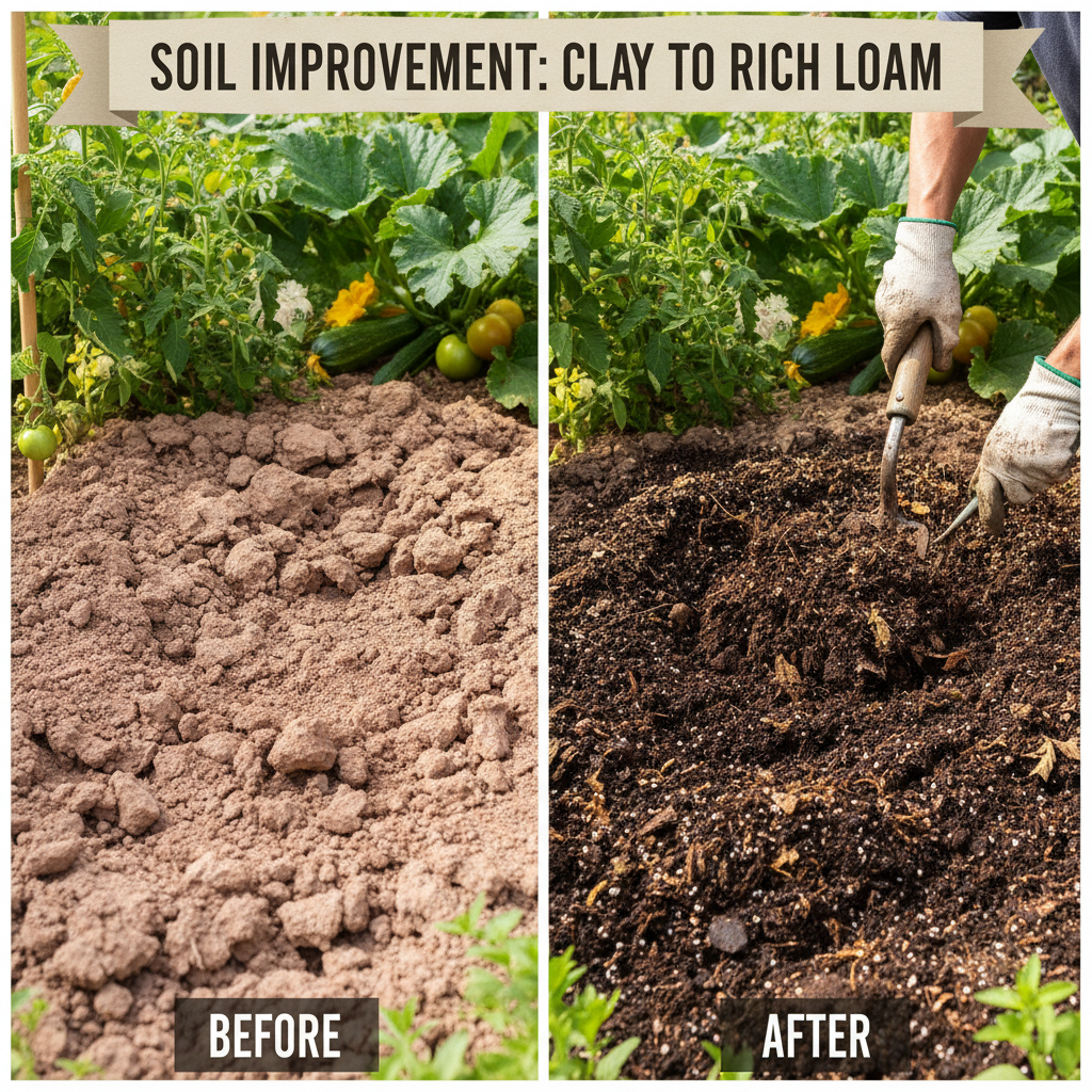 Gardener adding compost and organic amendments to garden bed soil