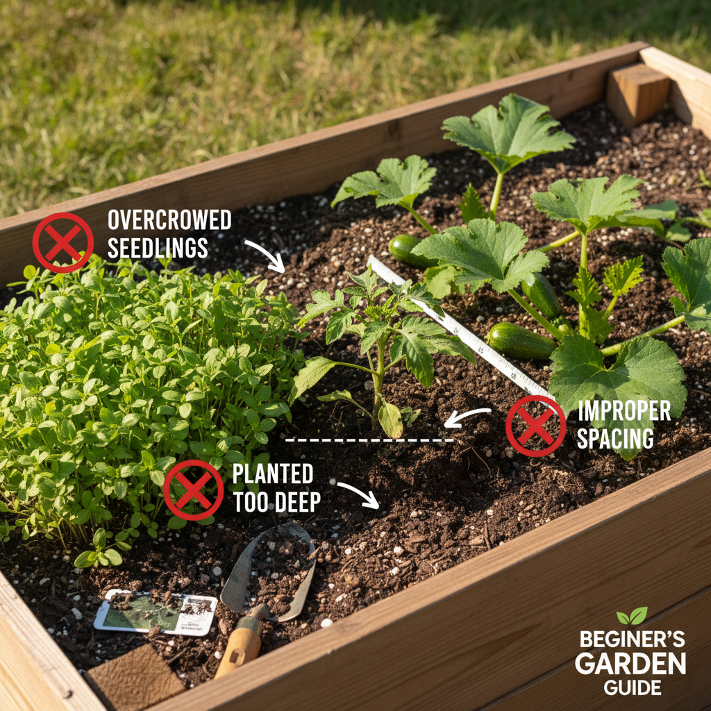 Common garden mistakes showing overcrowded seedlings and poor spacing