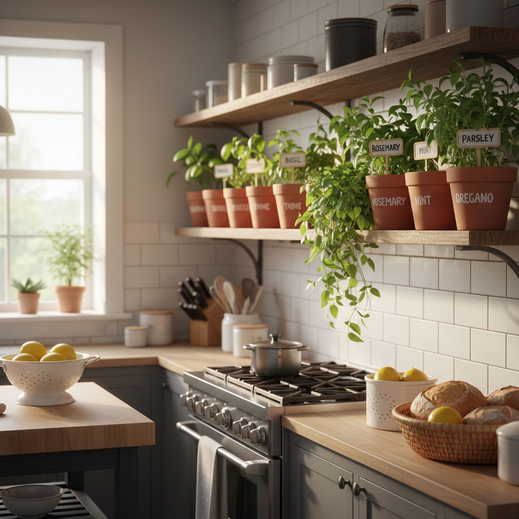 Beautiful kitchen herb garden with labeled terracotta pots