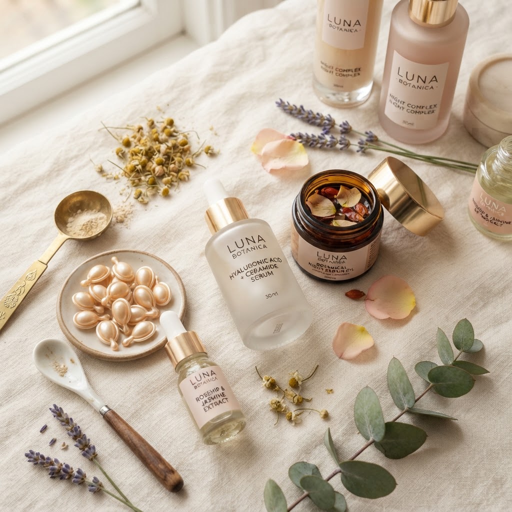Skincare ingredients including serums and botanical extracts — Best Night Creams For Dry Skin