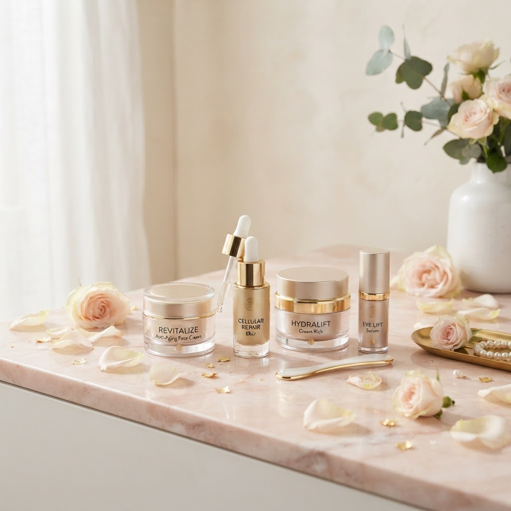 Premium skincare products collection on marble surface — Best Anti Aging Creams Under $30