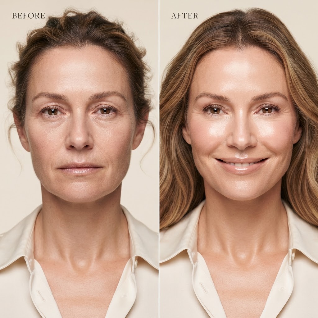 Glowing, nourished skin close-up portrait — Anti Aging skincare results