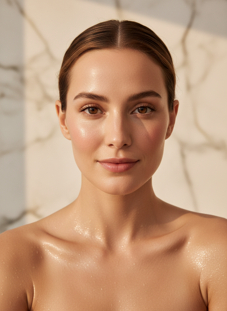 Beautiful radiant skin with natural skincare routine