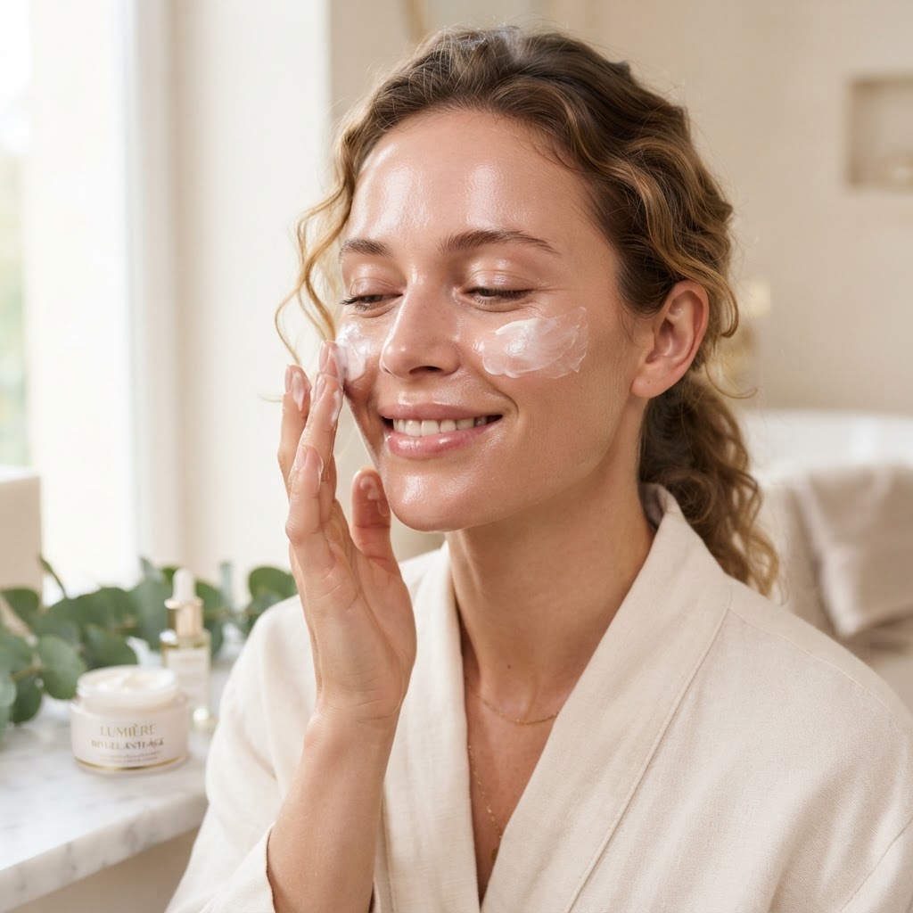 Woman applying face cream with glowing radiant skin — Anti Aging skincare