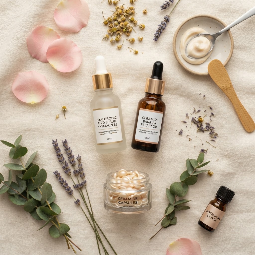 Skincare ingredients including serums and botanical extracts — Best Face Creams For Women Over 50