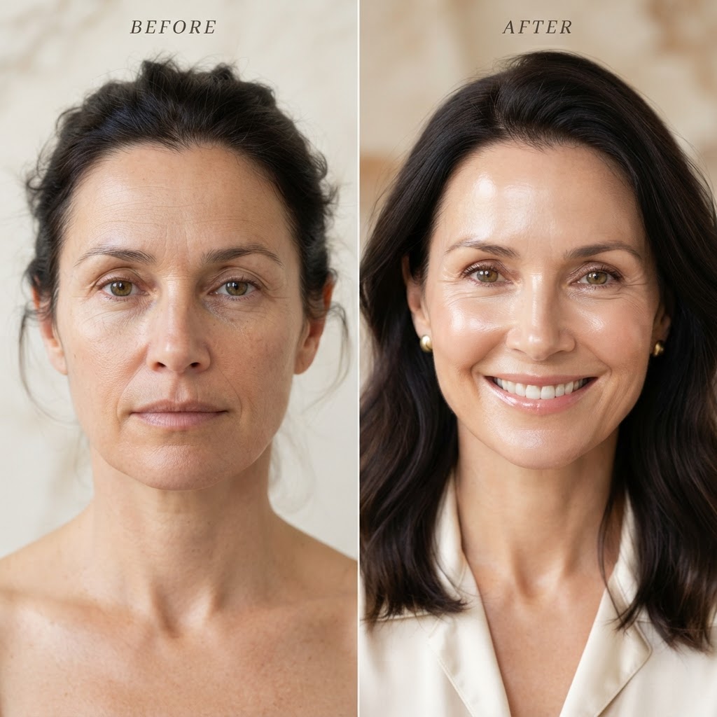 Glowing, nourished skin close-up portrait — Anti Aging skincare results