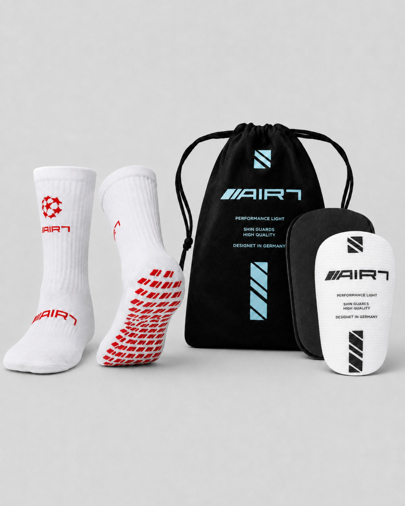Air7 Pack: Gripsocks White/Red + Shin Guards White von AIR7