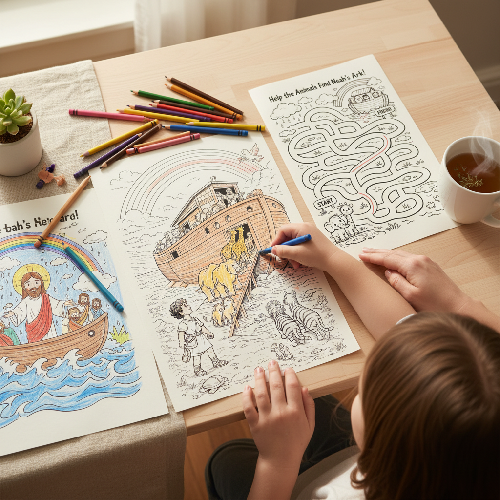 Close-up of printed Bible activity pages including coloring pages, mazes, and word searches with colored pencils