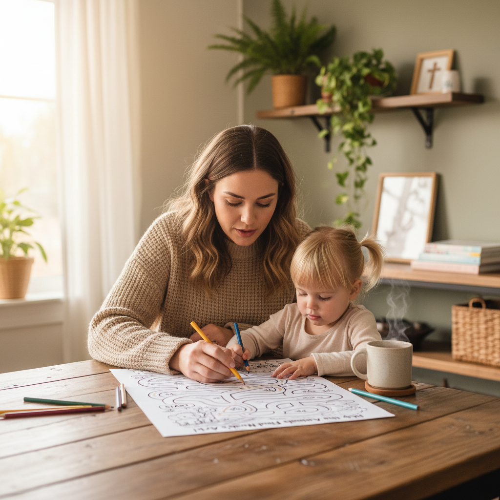 Parent and child studying Bible activity pages together at a wooden desk with colored pencils in a warm modern home