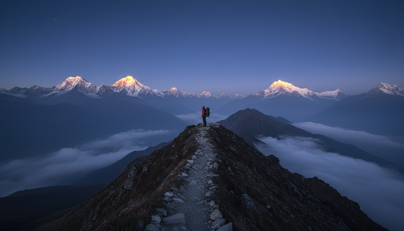 Himalayan mountain landscape at twilight with a solitary trekker on a dramatic ridgeline