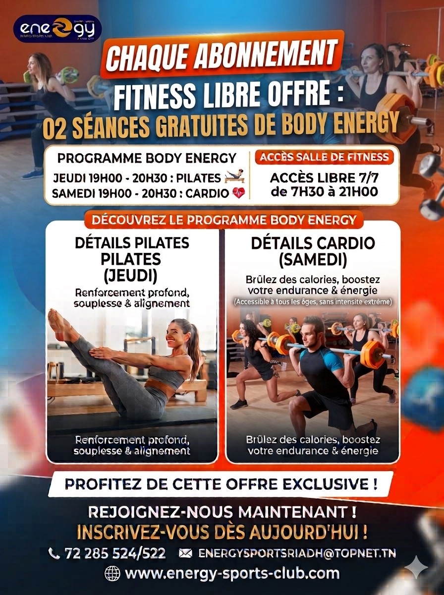 Offre Body Energy — 2 séances gratuites par abonnement fitness libre