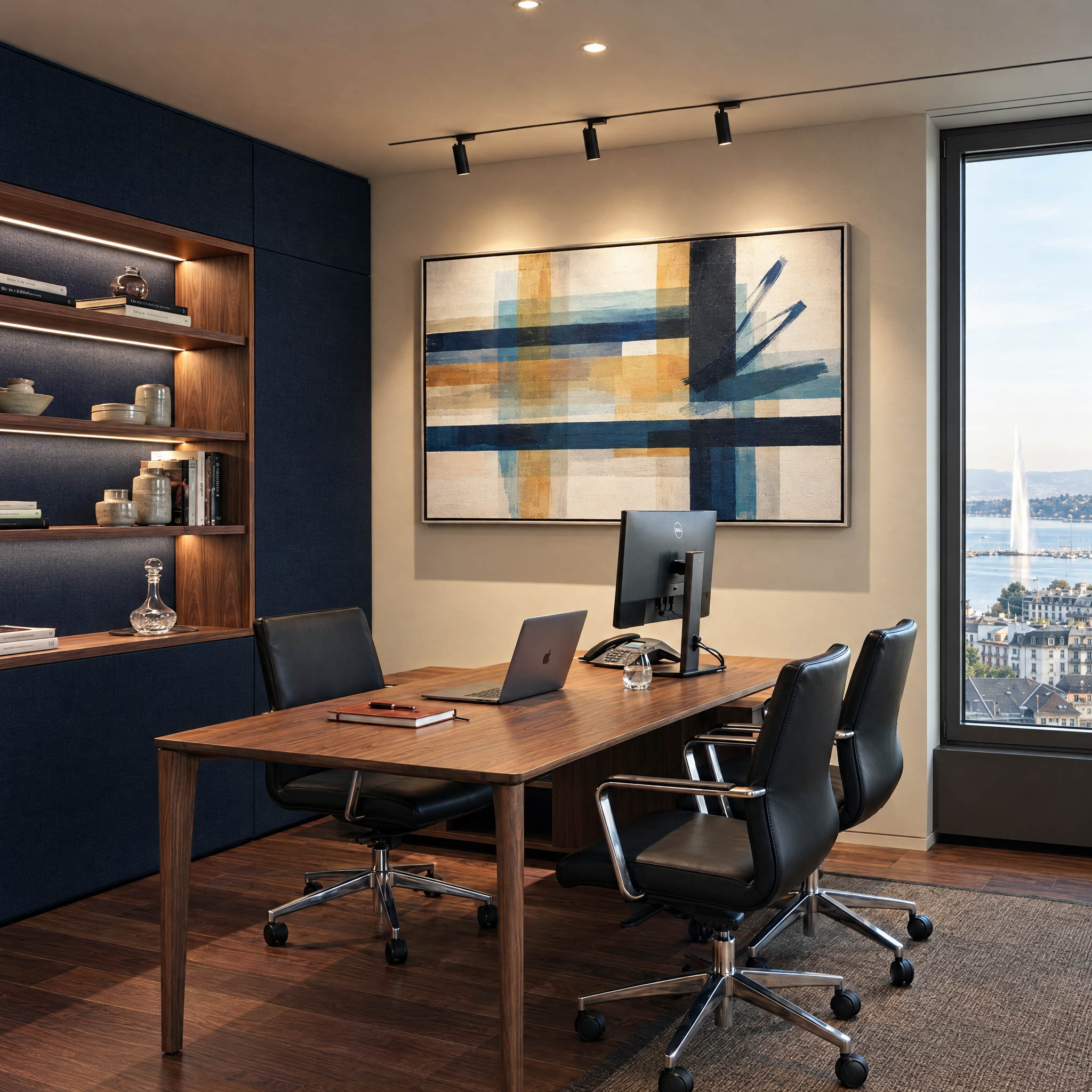 Contemporary office with a prominently displayed abstract painting, walnut desk and ergonomic chairs, with a discreet view of Geneva's Jet d'Eau
