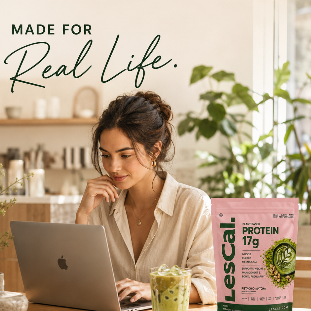 Couple at home holding Les Cal Plant Based Protein Pistachio Matcha