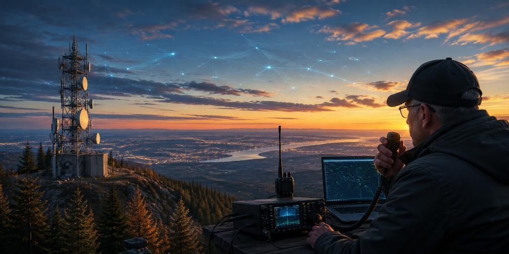 Opérateur radio amateur au sommet d'une montagne au coucher du soleil