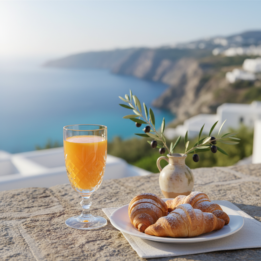 Desayuno mediterráneo en terraza con vistas al mar