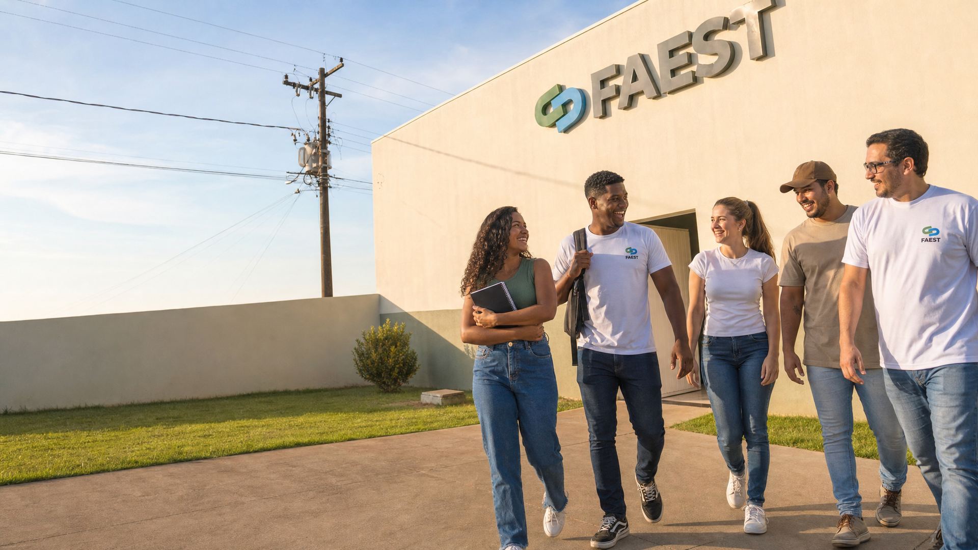 Estudantes caminhando em frente à fachada da FAEST