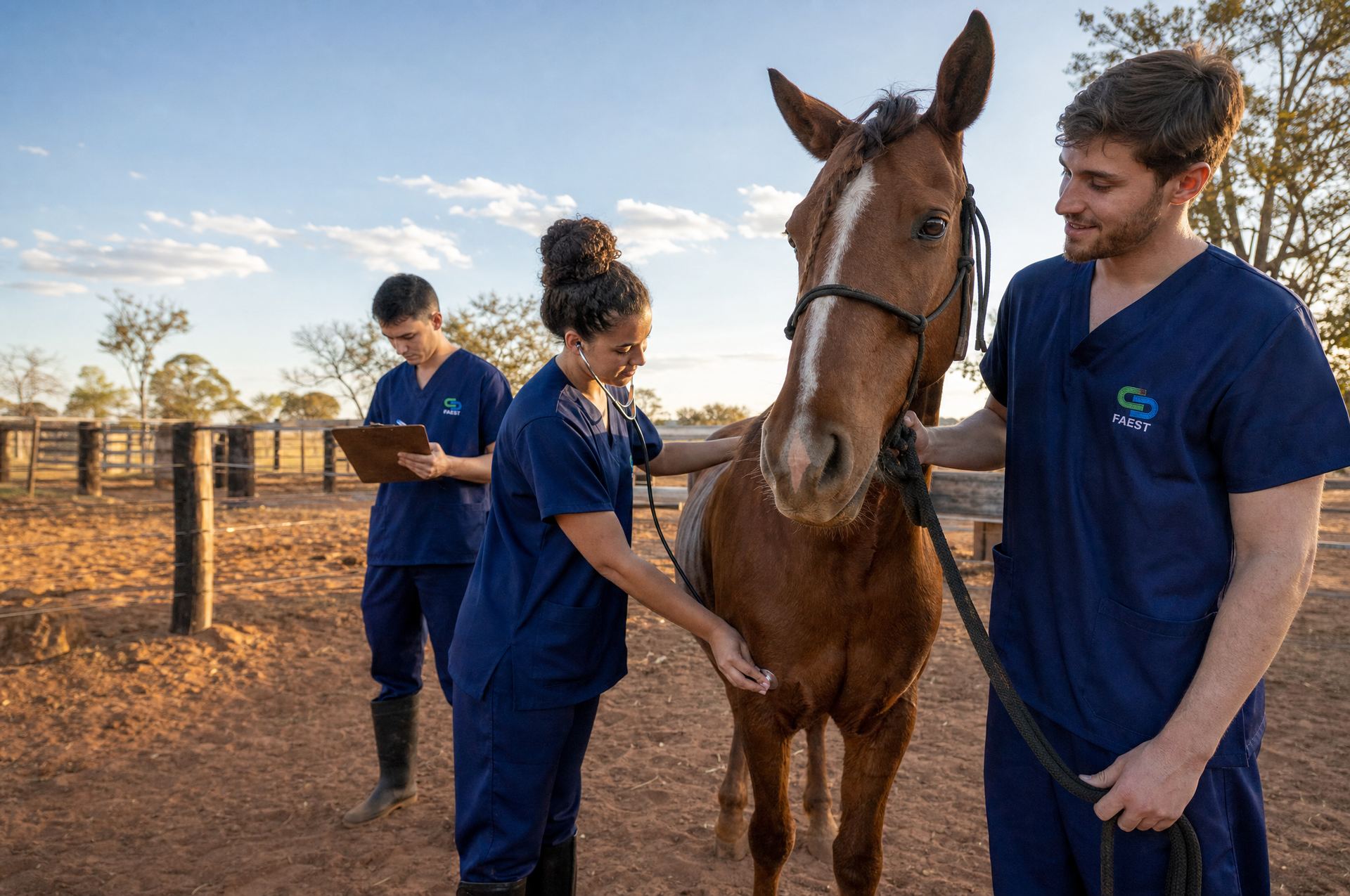 Estudantes de Medicina Veterinária examinando um cavalo em um curral
