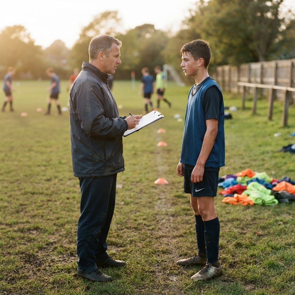 Trainer im Gespräch mit einem jungen Spieler am Spielfeldrand