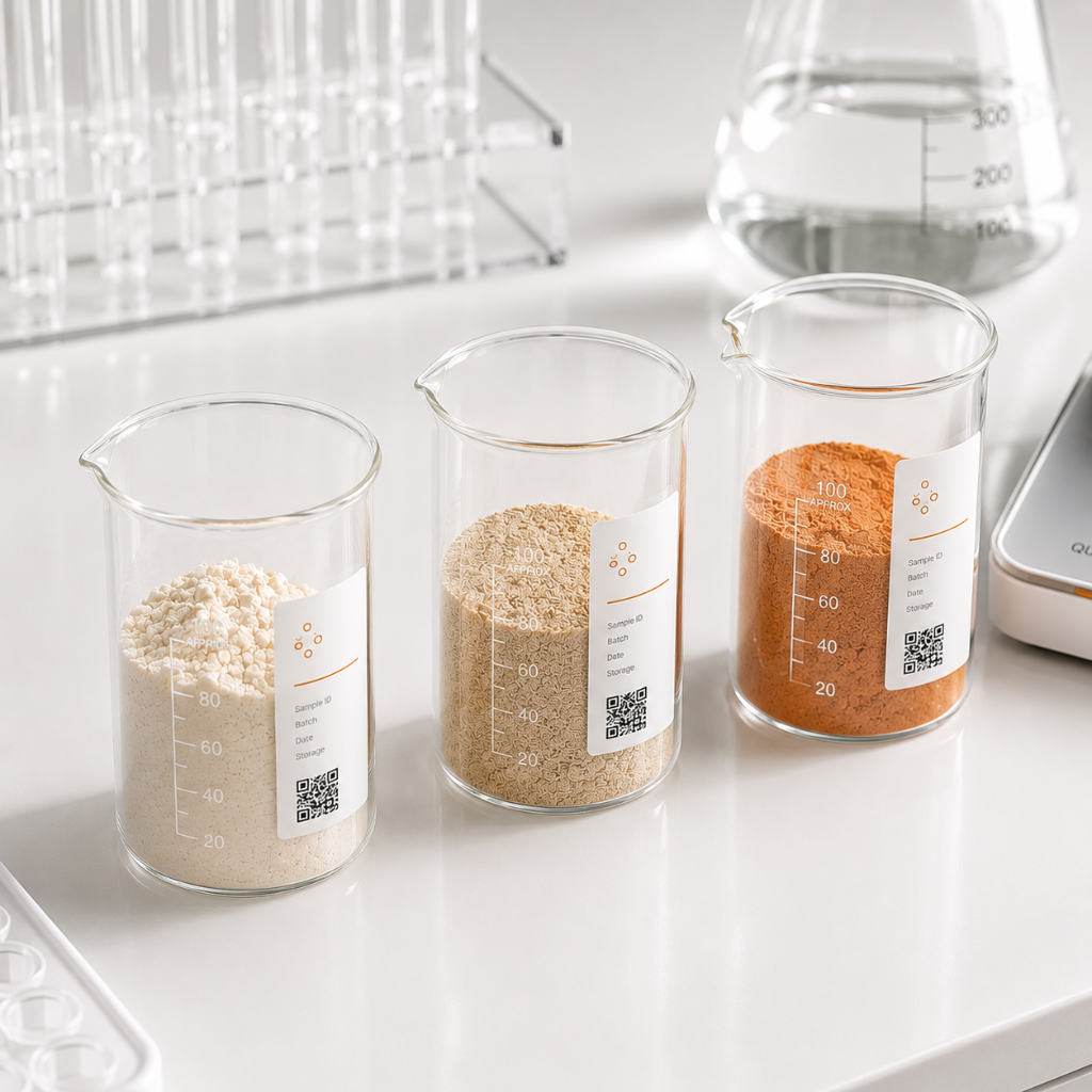 Beakers con muestras de polvo nutricional