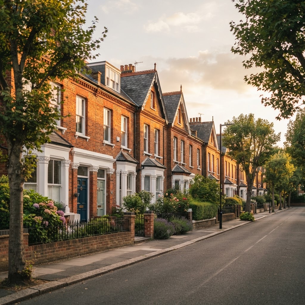 A row of British terraced houses at golden hour