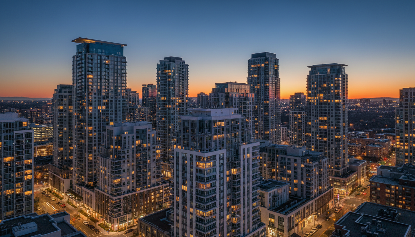 Modern residential buildings at twilight