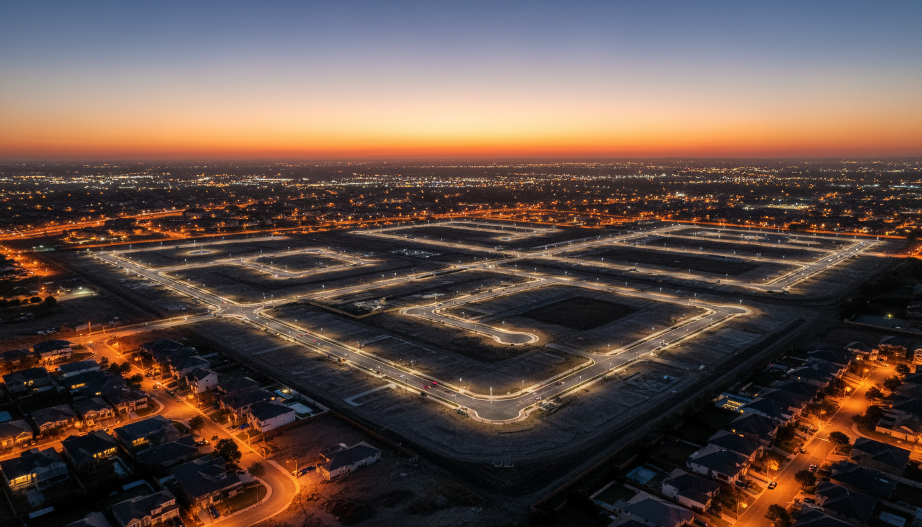 Vista aérea de loteamento e expansão urbana durante o entardecer