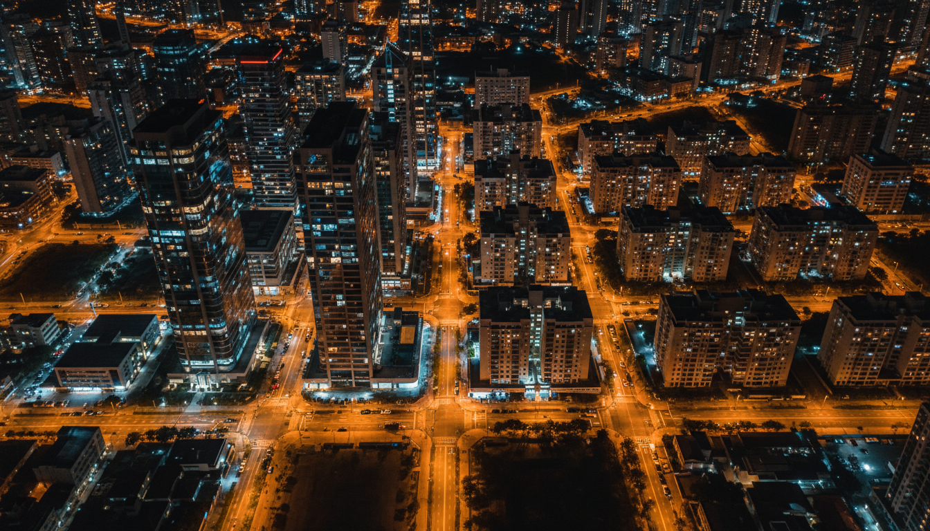 Vista aérea noturna de setor urbano em desenvolvimento