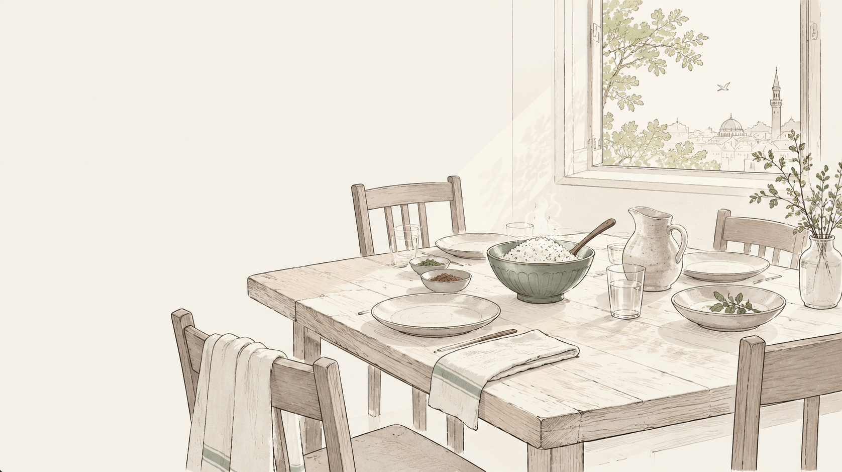 A hand-drawn illustration of a dining table set with plates, bowls of rice, and a view through a window