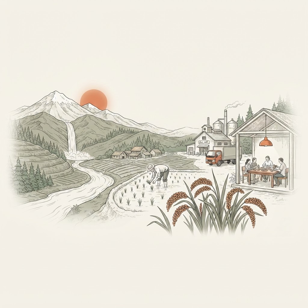 A hand-drawn pen-and-ink landscape tracing the journey of rice from mountains to memory