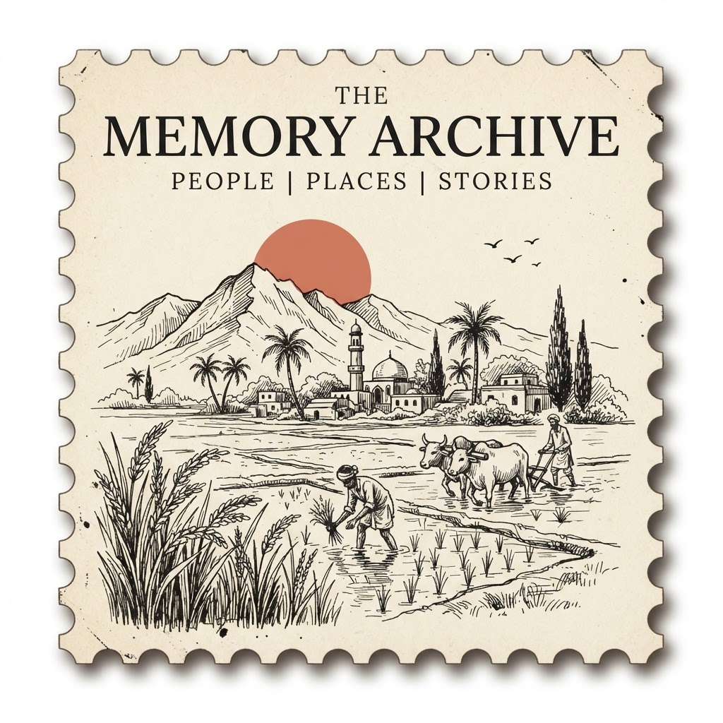 A vintage illustration of the Memory Archive: mountains, village, paddy field and farmer