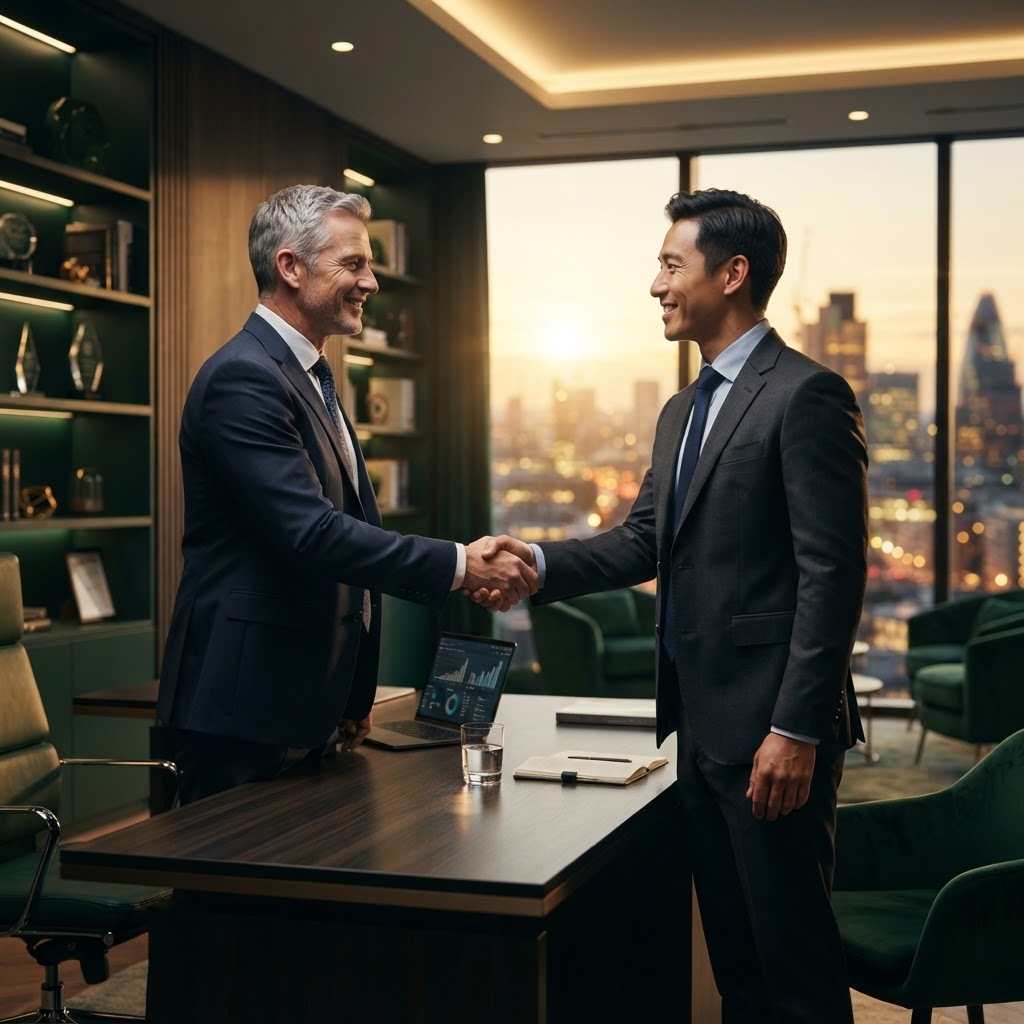 Two business professionals shaking hands in a modern office