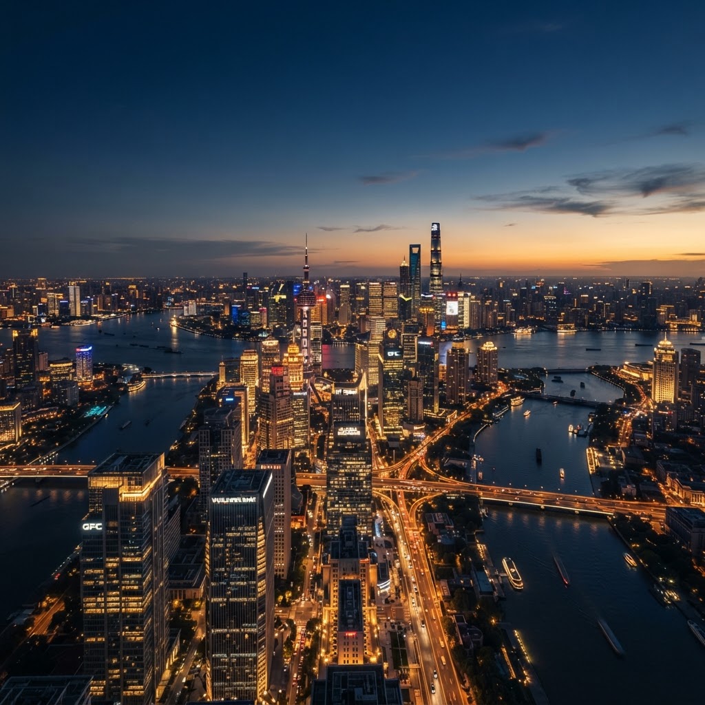 Global international financial city at twilight