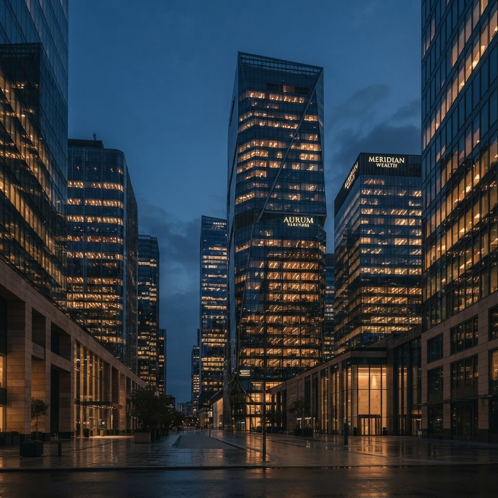 Modern corporate financial district at dusk