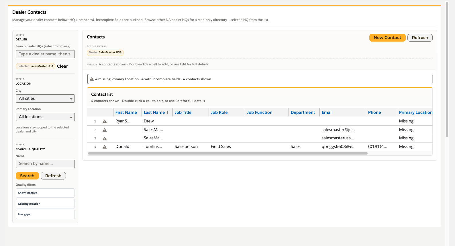 Dealer Contacts — Directory, Filters & Contact Table