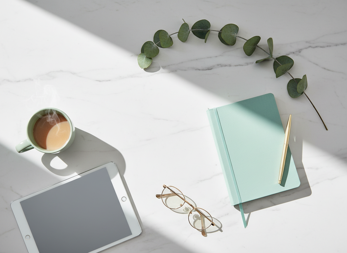 Calm, organized luxury workspace