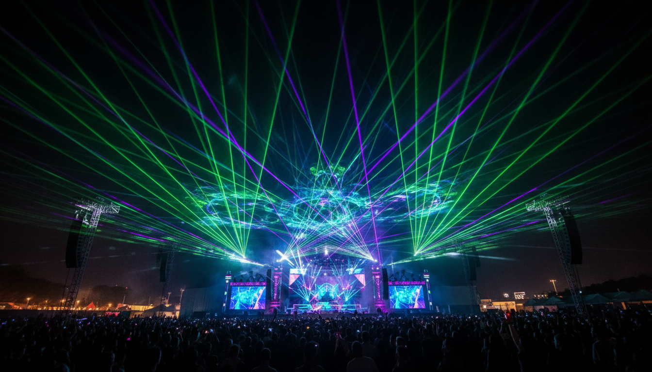 Outdoor laser light show at a large festival