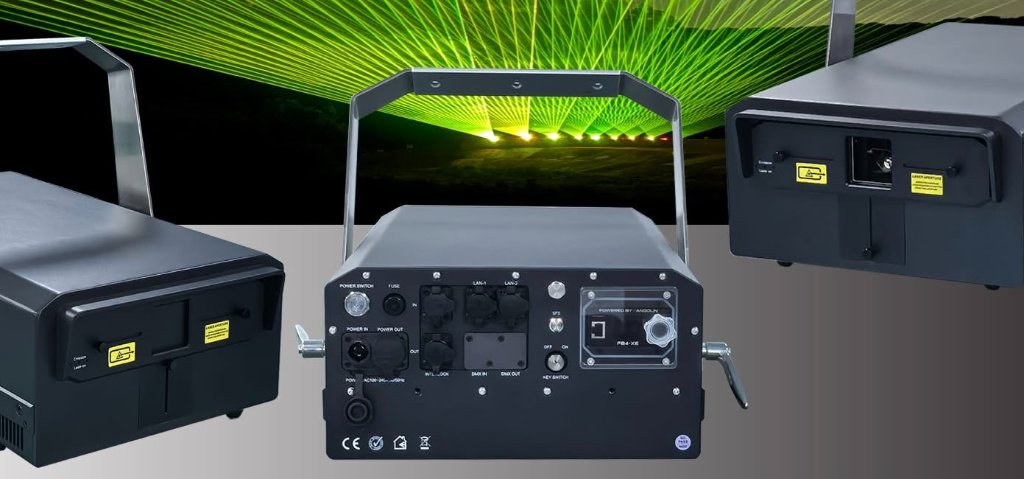 Close-up of laser projector showing FDA CDRH compliance labels and safety features
