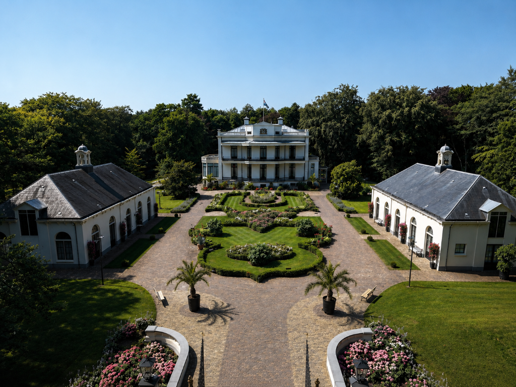 Luchtfoto van landhuis met formele tuin