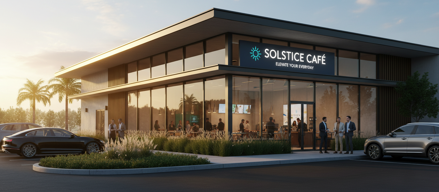 Modern franchise storefront at golden hour